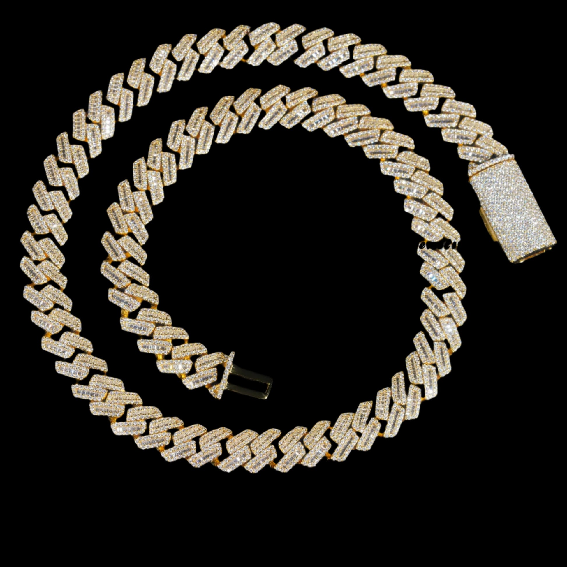 Hip Hop New Style Iced Out Silver 12MM Width Baguette Moissanite Diamond Gold Plated Cuban Link Chain